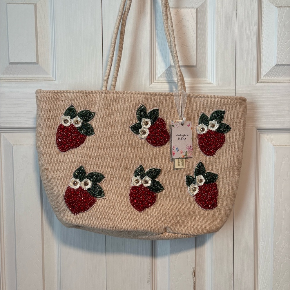 NWT Viral Strawberry Beaded Handcrafted in India Tote Bag